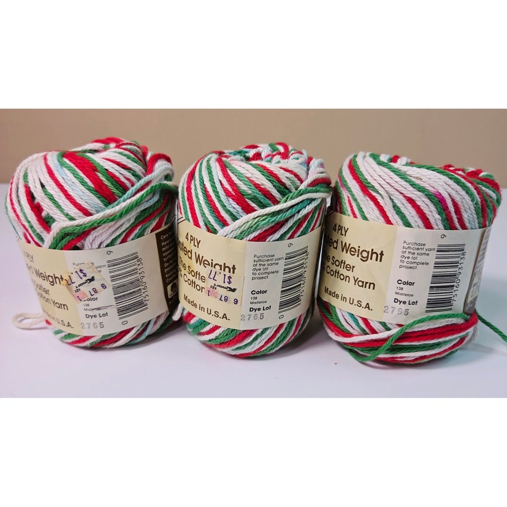 Lily Sugar'n Cream Cotton Yarn Mistletoe Red Green White Christmas Lot of 3 New - Picture 2 of 2